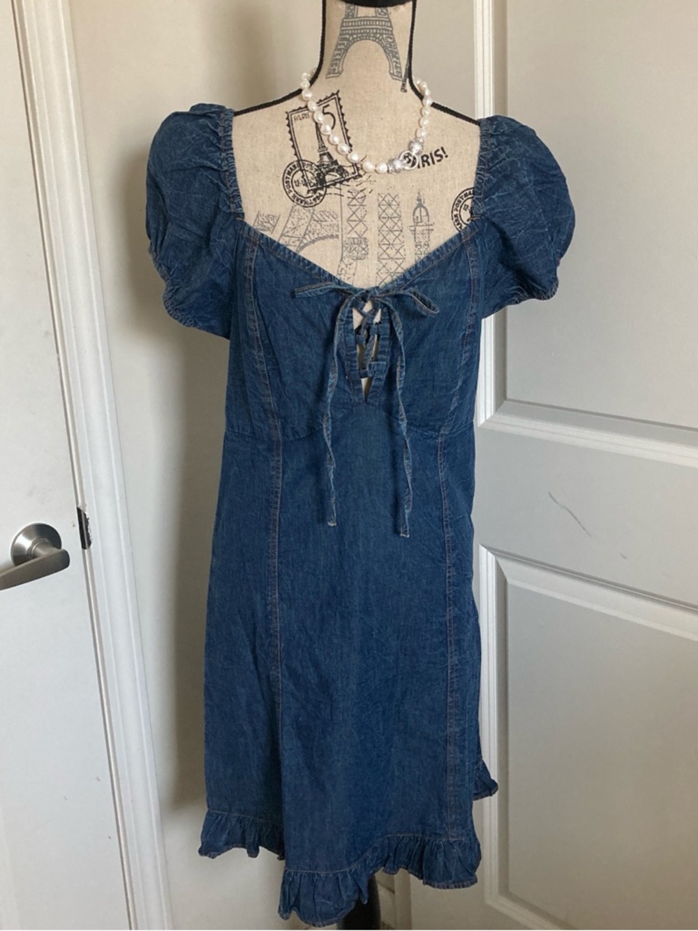 Dark Blue Denim Tie-Front Mini Dress Short Puff Sleeves can be Off Shoulder
